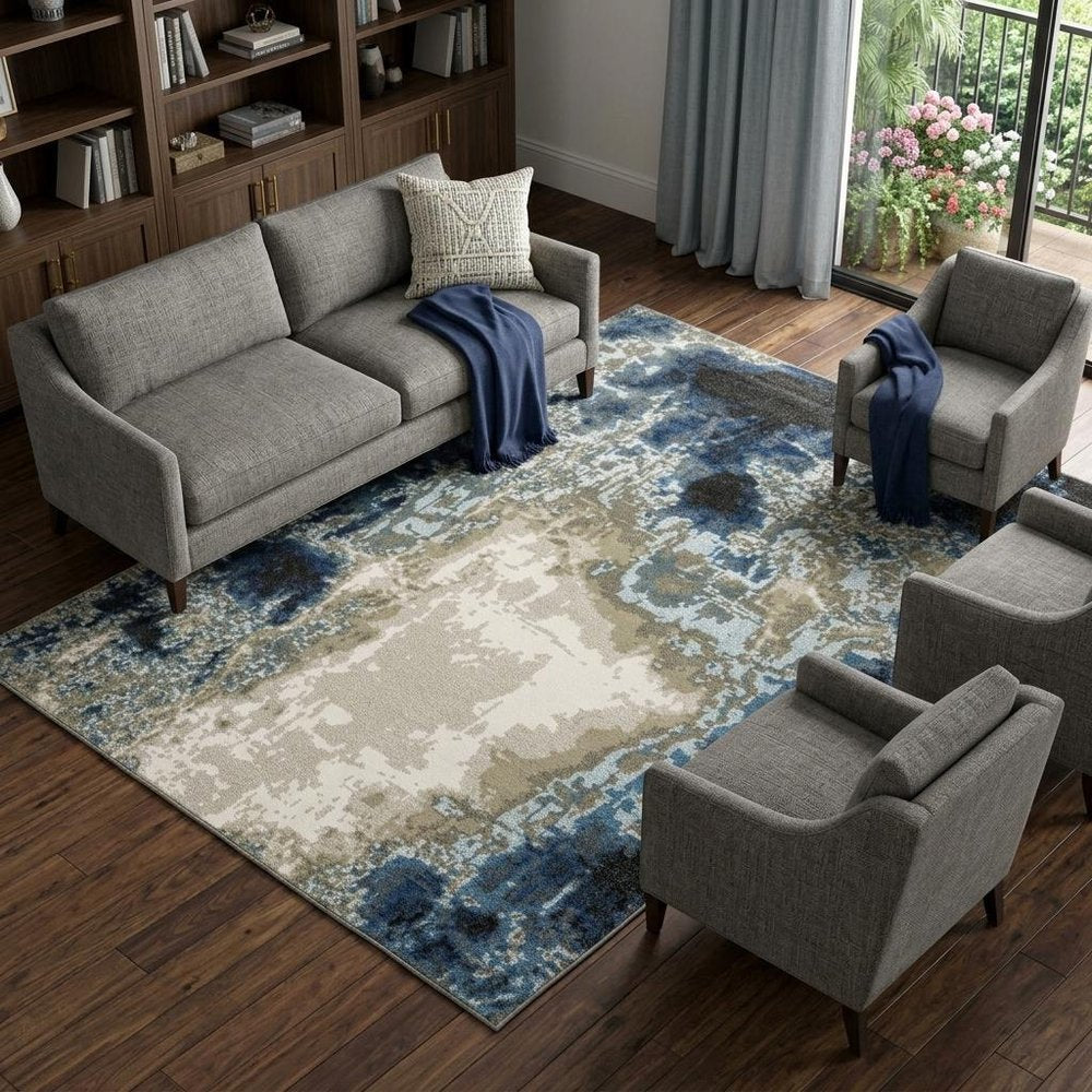 8' X 10' Blue And Beige Abstract Area Rug