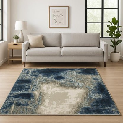 10' X 13' Blue Grey Charcoal And Beige Abstract Power Loom Stain Resistant Area Rug