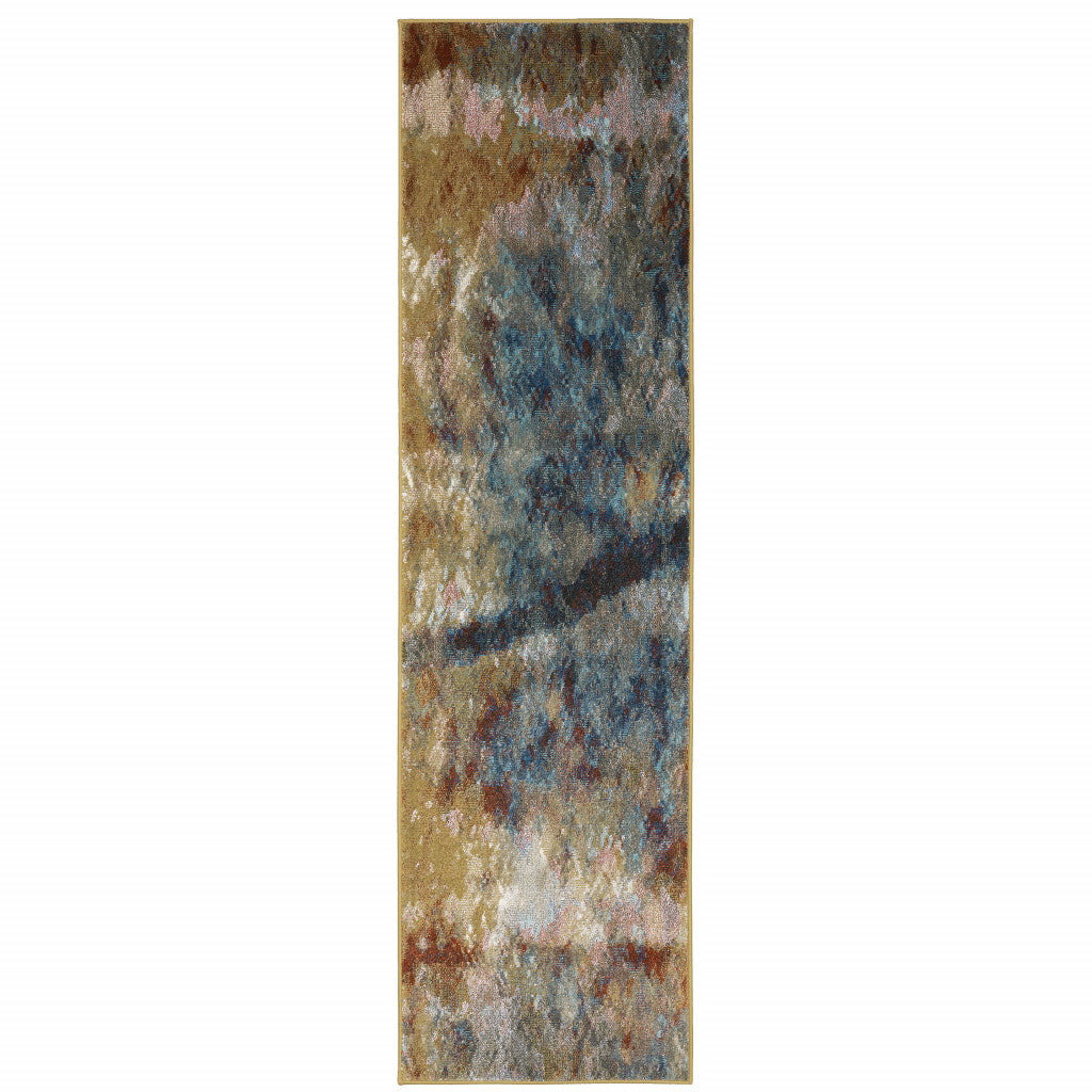 2' X 8' Blue Gold Teal Rust Grey And Beige Abstract Power Loom Stain Resistant Runner Rug