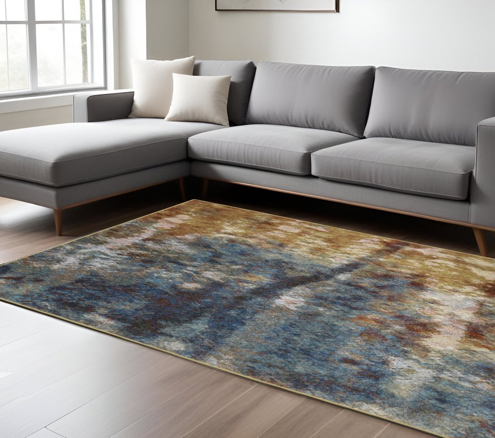 10' X 13' Blue And Gold Abstract Area Rug