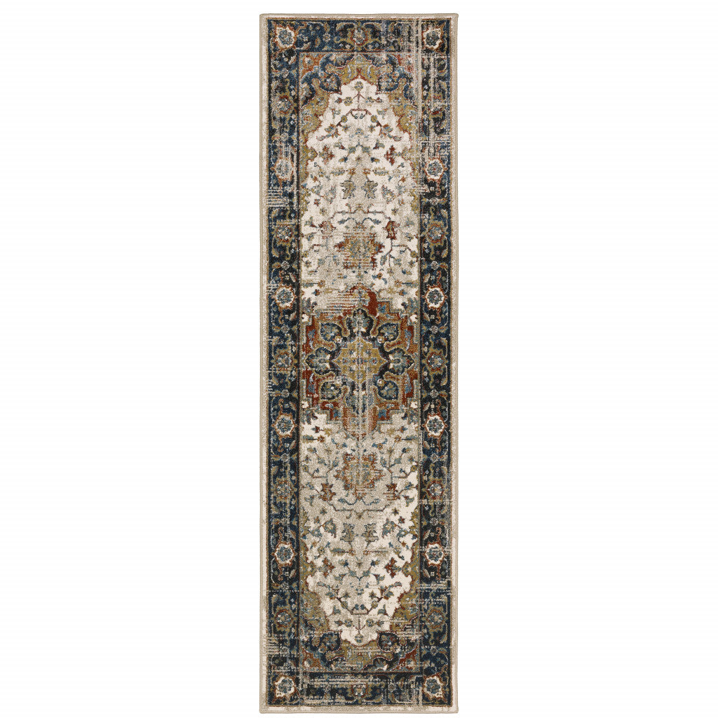 2' X 8' Beige Blue Green Rust And Grey Oriental Power Loom Stain Resistant Runner Rug