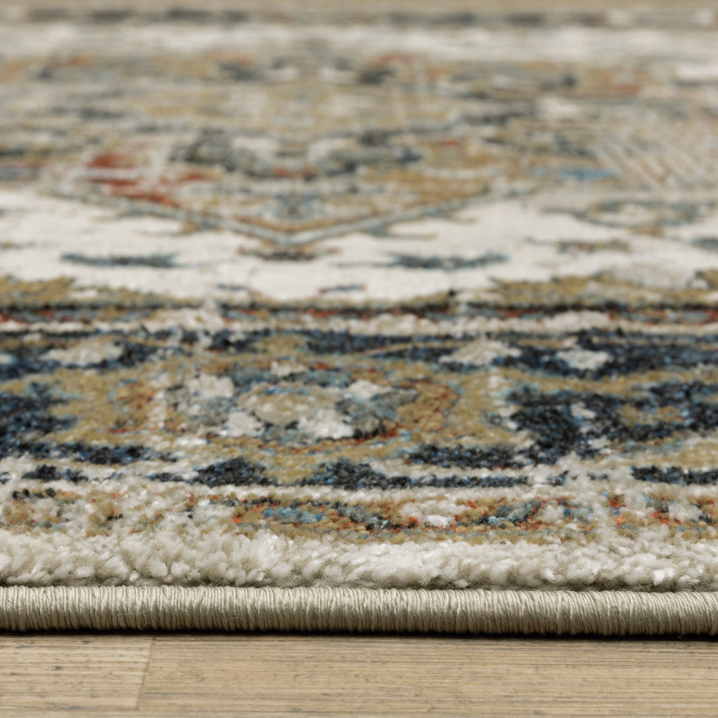 2' X 8' Beige Blue Green Rust And Grey Oriental Power Loom Stain Resistant Runner Rug