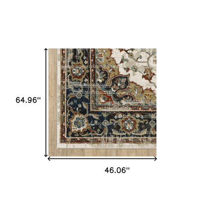 4' X 6' Beige Blue Green Rust And Grey Oriental Power Loom Stain Resistant Area Rug