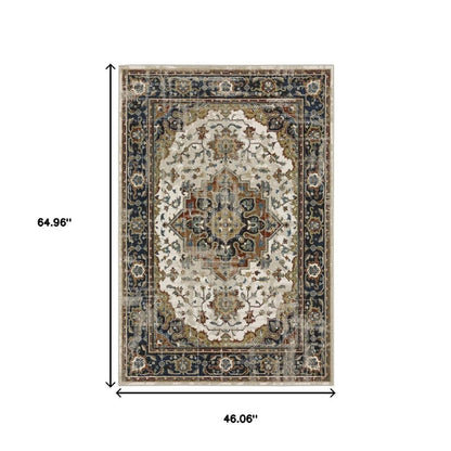 4' X 6' Beige Blue Green Rust And Grey Oriental Power Loom Stain Resistant Area Rug