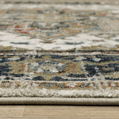 5' X 7' Beige Blue Green Rust And Grey Oriental Power Loom Stain Resistant Area Rug