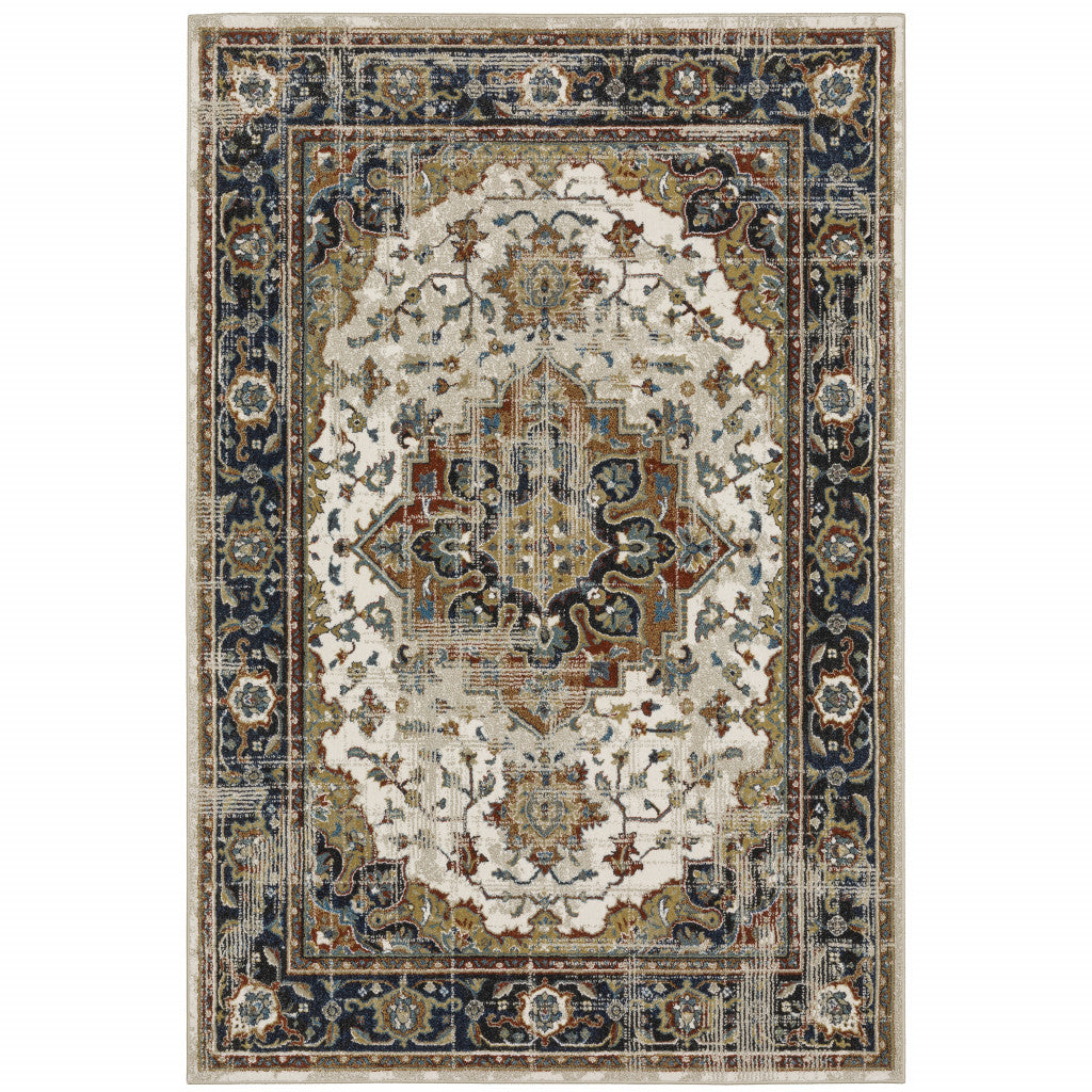 6' X 9' Beige Blue Green Rust And Grey Oriental Power Loom Stain Resistant Area Rug