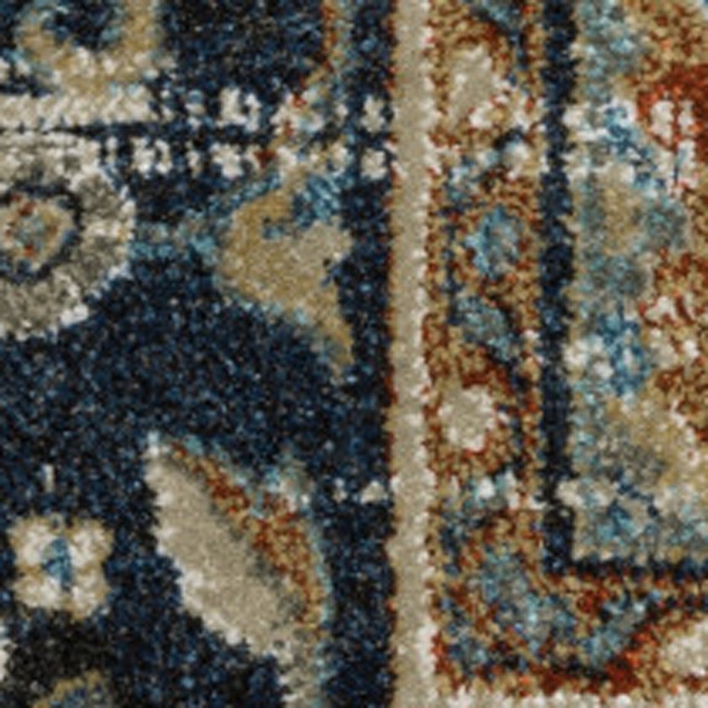 7' X 9' Beige And Blue Oriental Distressed Area Rug