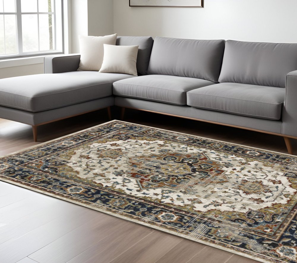 7' X 9' Beige And Blue Oriental Distressed Area Rug