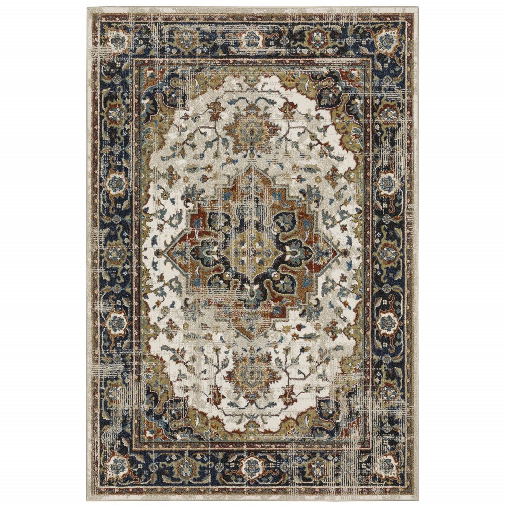7' X 9' Beige And Blue Oriental Distressed Area Rug