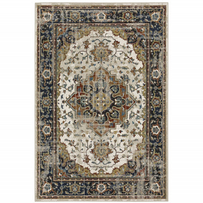 7' X 9' Beige And Blue Oriental Distressed Area Rug