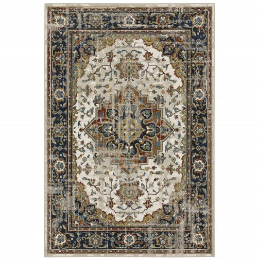 7' X 9' Beige And Blue Oriental Distressed Area Rug