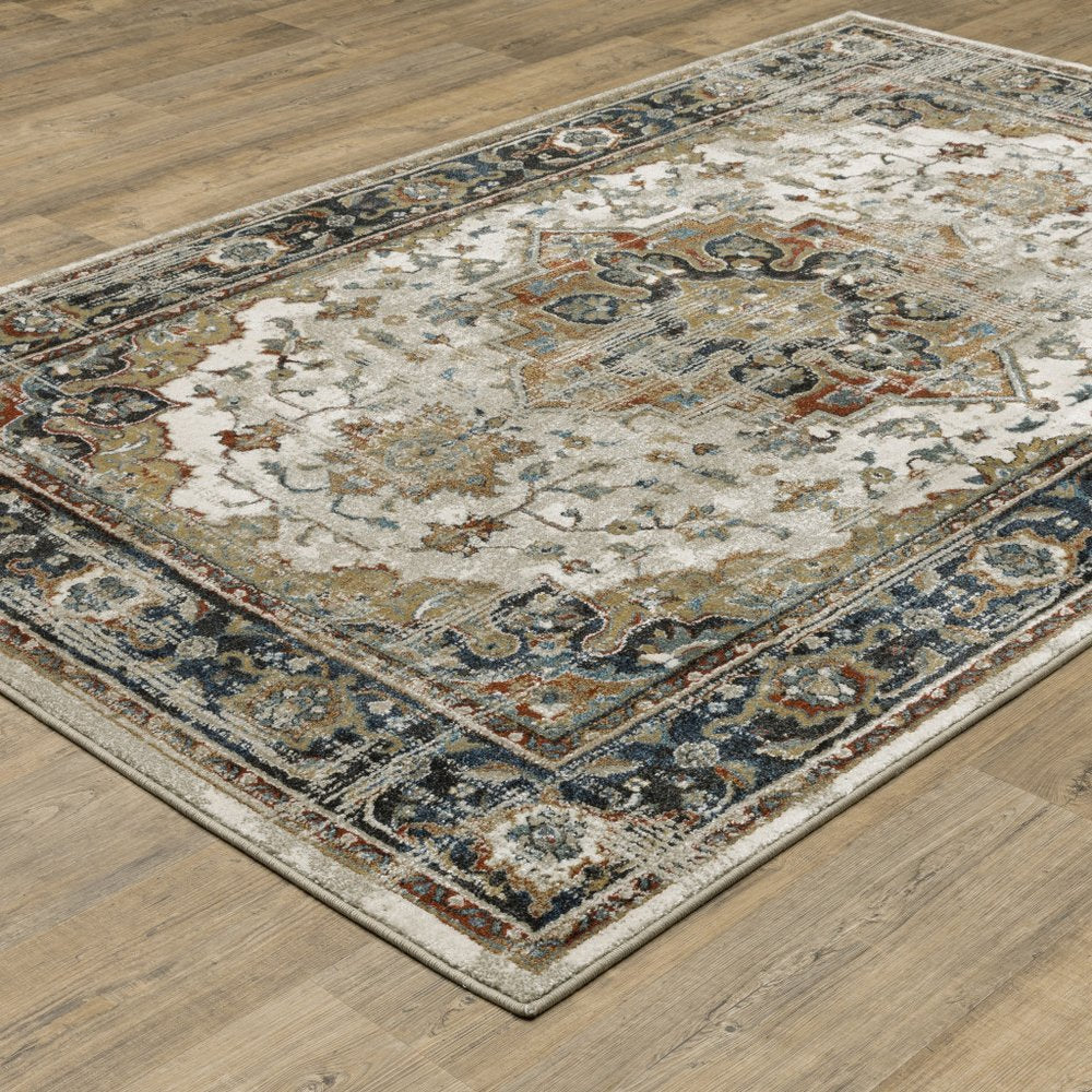 7' X 9' Beige And Blue Oriental Distressed Area Rug