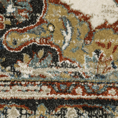7' X 9' Beige And Blue Oriental Distressed Area Rug
