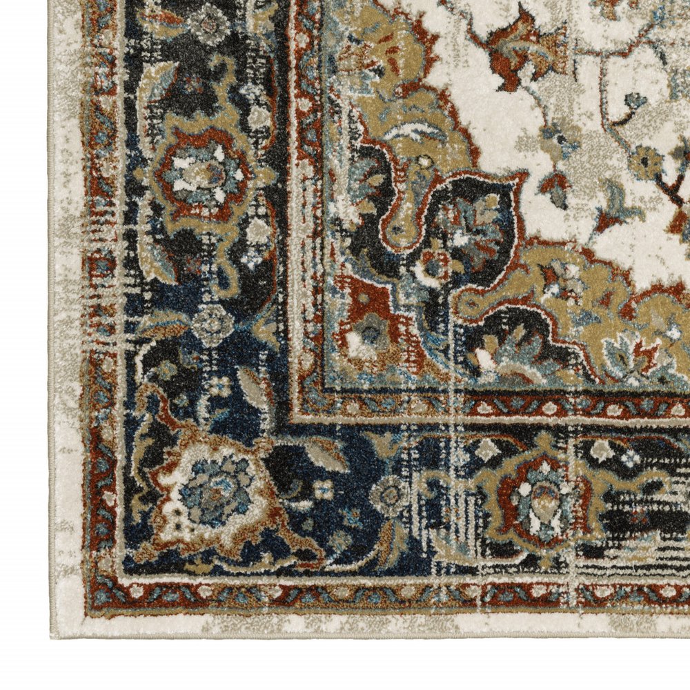7' X 9' Beige And Blue Oriental Distressed Area Rug