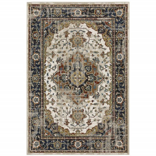 8' X 10' Beige Blue Green Rust And Grey Oriental Power Loom Stain Resistant Area Rug