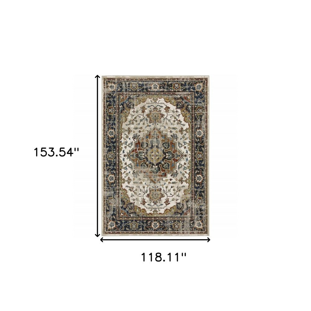 10' X 13' Beige And Blue Oriental Distressed Area Rug