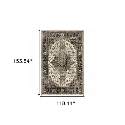 10' X 13' Beige And Blue Oriental Distressed Area Rug