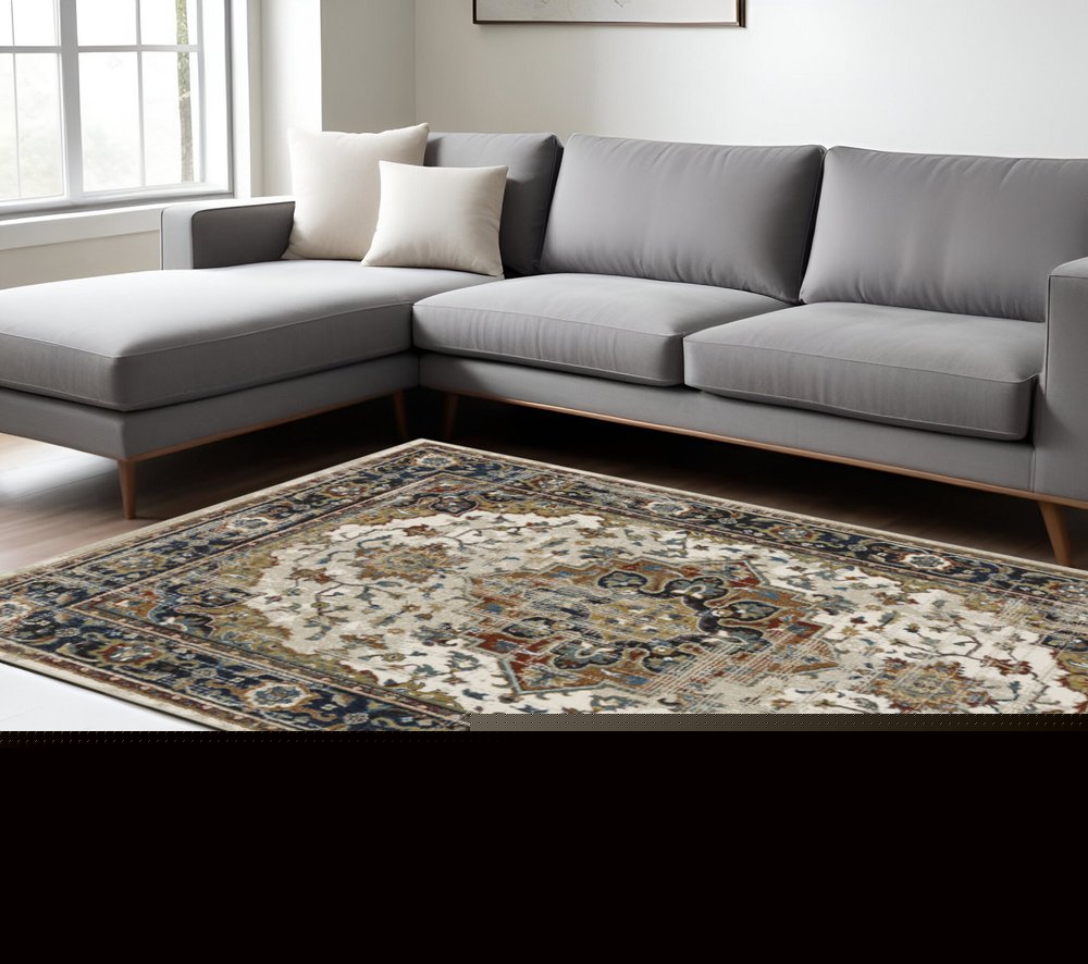 10' X 13' Beige And Blue Oriental Distressed Area Rug