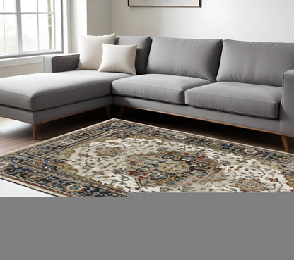 10' X 13' Beige And Blue Oriental Distressed Area Rug