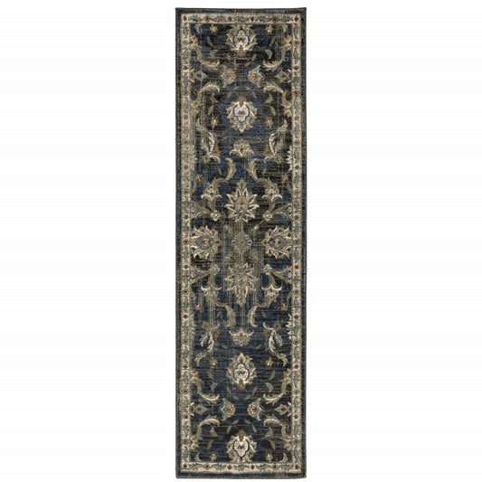 2' X 8' Charcoal Blue Gold Rust And Beige Oriental Power Loom Stain Resistant Runner Rug