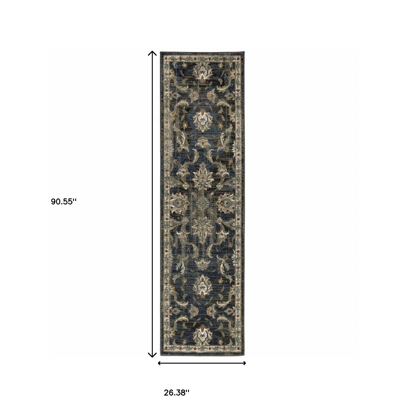 2' X 8' Charcoal Blue Gold Rust And Beige Oriental Power Loom Stain Resistant Runner Rug