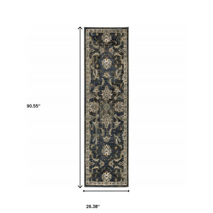 2' X 8' Charcoal Blue Gold Rust And Beige Oriental Power Loom Stain Resistant Runner Rug