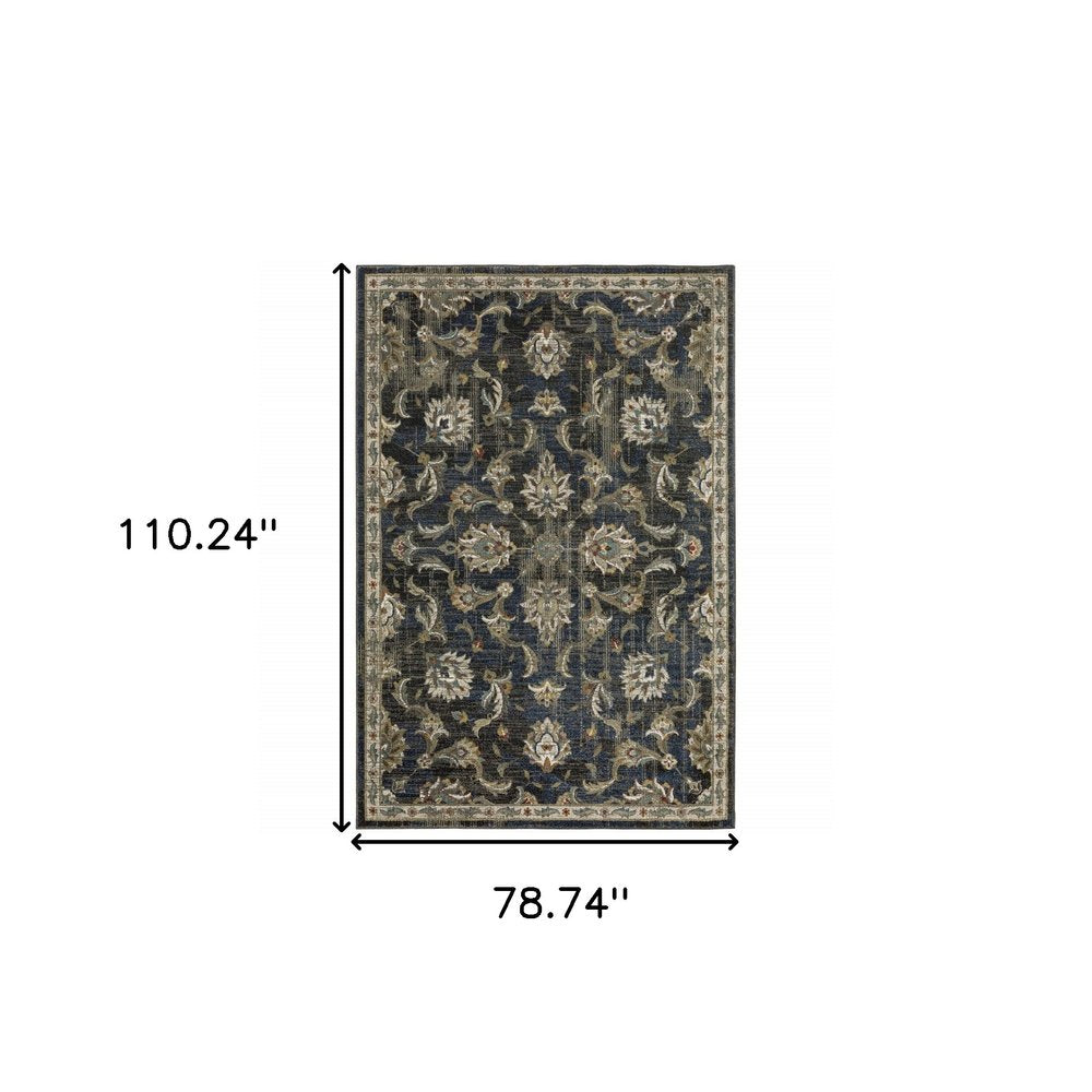 7' X 9' Charcoal And Blue Oriental Distressed Area Rug