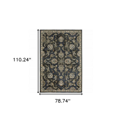 7' X 9' Charcoal And Blue Oriental Distressed Area Rug