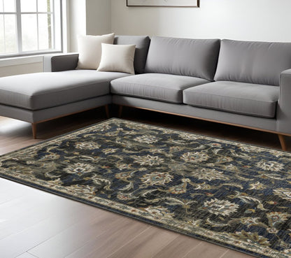 7' X 9' Charcoal And Blue Oriental Distressed Area Rug
