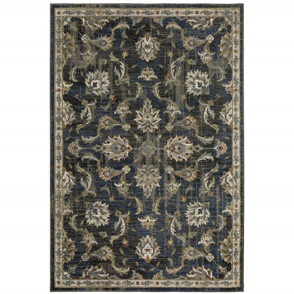7' X 9' Charcoal And Blue Oriental Distressed Area Rug