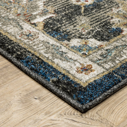 7' X 9' Charcoal And Blue Oriental Distressed Area Rug