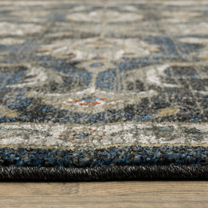 7' X 9' Charcoal And Blue Oriental Distressed Area Rug