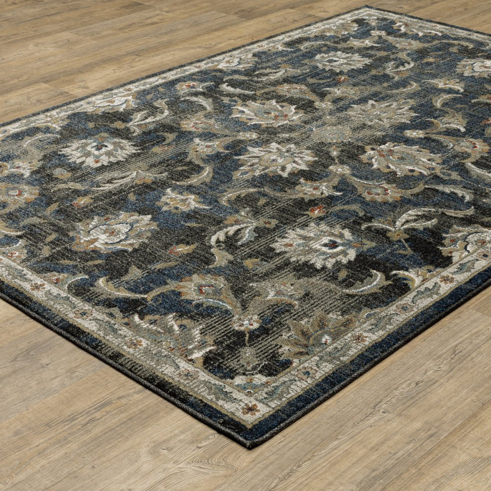 7' X 9' Charcoal And Blue Oriental Distressed Area Rug