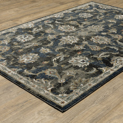 7' X 9' Charcoal And Blue Oriental Distressed Area Rug