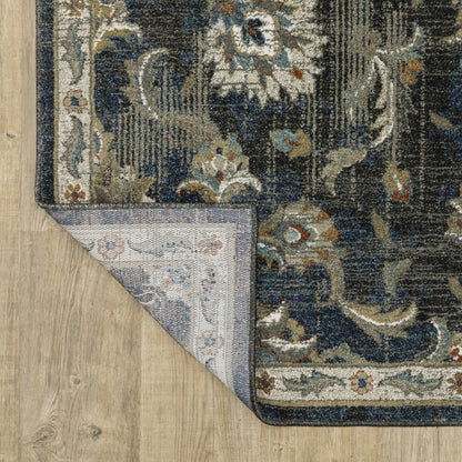 7' X 9' Charcoal And Blue Oriental Distressed Area Rug