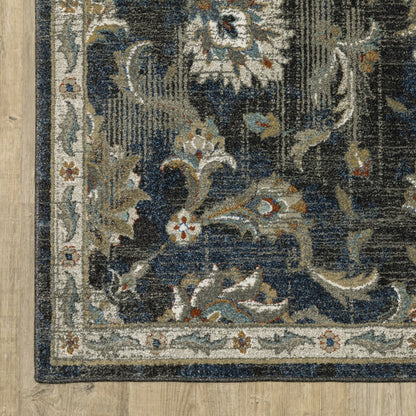 7' X 9' Charcoal And Blue Oriental Distressed Area Rug