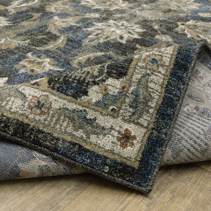 7' X 9' Charcoal And Blue Oriental Distressed Area Rug