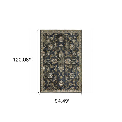 8' X 10' Charcoal Blue Gold Rust And Beige Oriental Power Loom Stain Resistant Area Rug