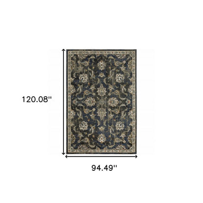 8' X 10' Charcoal And Blue Oriental Distressed Area Rug