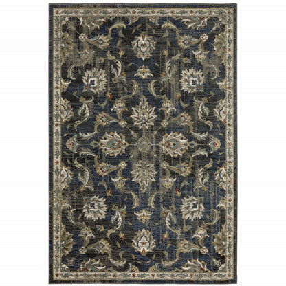 8' X 10' Charcoal And Blue Oriental Distressed Area Rug