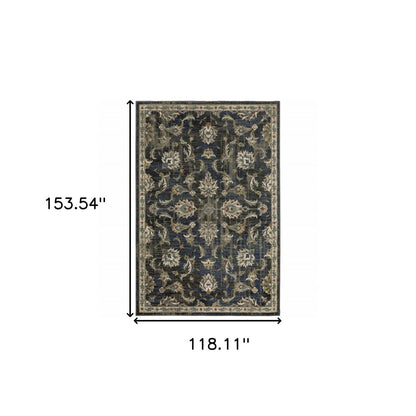 10' X 13' Charcoal And Blue Oriental Distressed Area Rug
