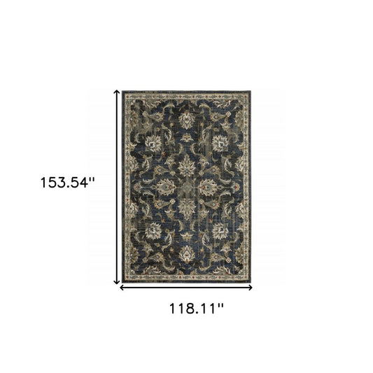 10' X 13' Charcoal And Blue Oriental Distressed Area Rug