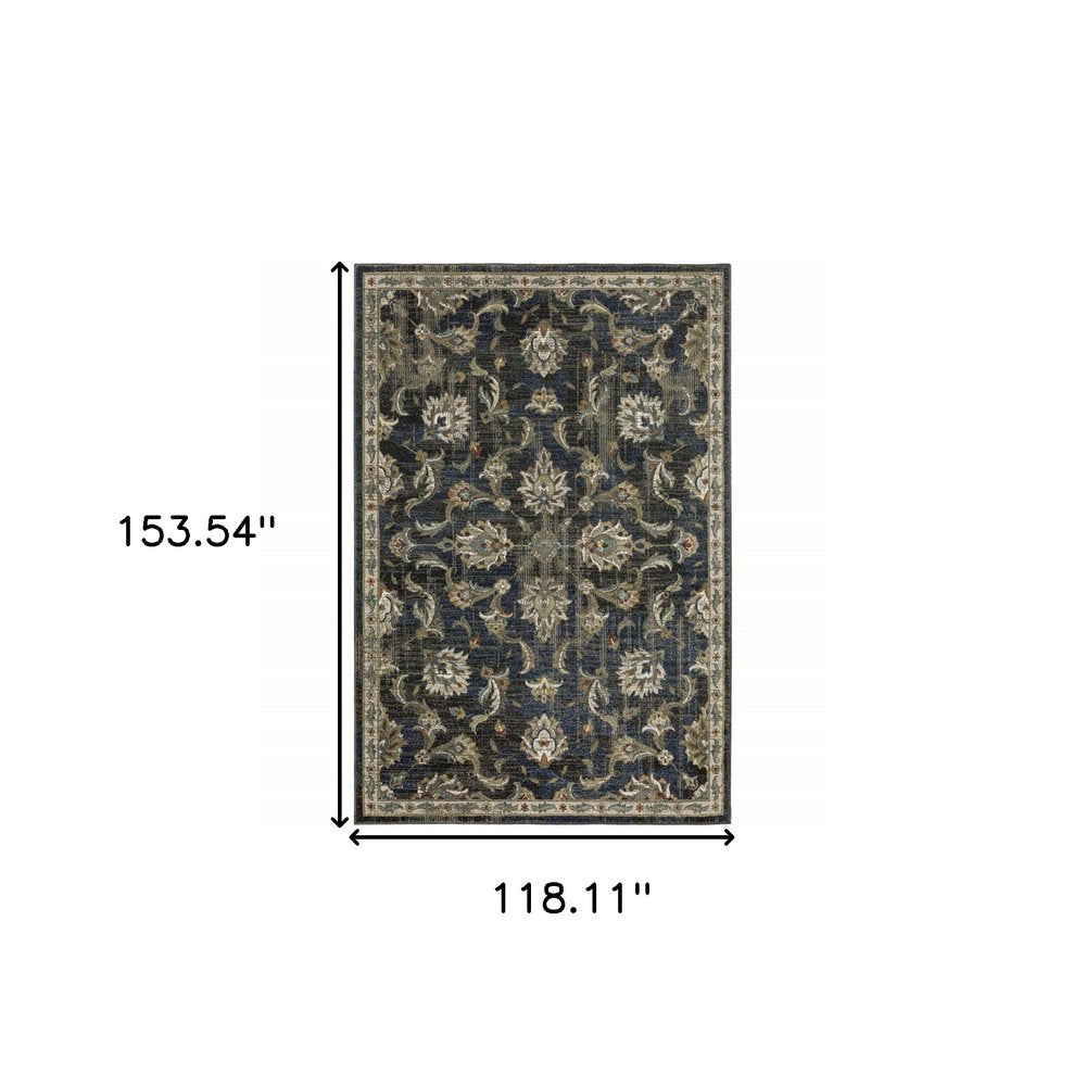 10' X 13' Charcoal And Blue Oriental Distressed Area Rug
