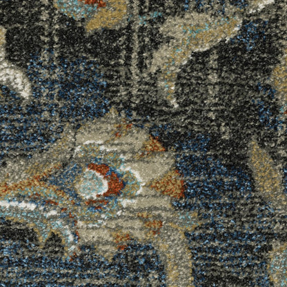 10' X 13' Charcoal And Blue Oriental Distressed Area Rug