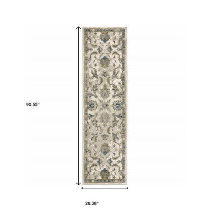 2' X 8' Beige Gold Blue And Grey Oriental Power Loom Stain Resistant Runner Rug