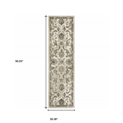 2' X 8' Beige Gold Blue And Grey Oriental Power Loom Stain Resistant Runner Rug