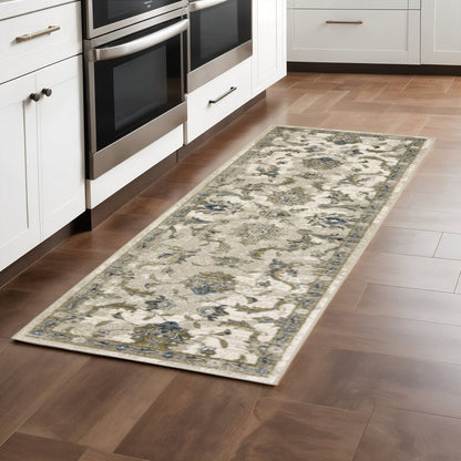 2' X 8' Beige Gold Blue And Grey Oriental Power Loom Stain Resistant Runner Rug
