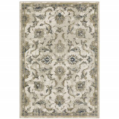 5' X 7' Beige Gold Blue And Grey Oriental Power Loom Stain Resistant Area Rug