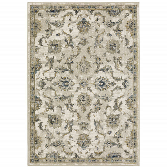 5' X 7' Beige Gold Blue And Grey Oriental Power Loom Stain Resistant Area Rug