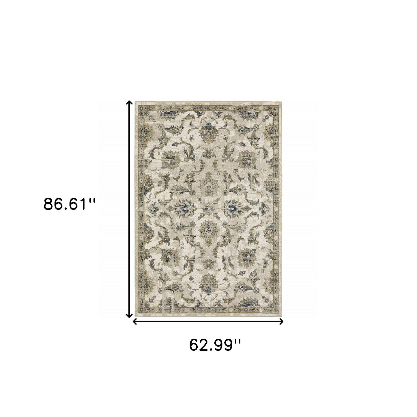 5' X 7' Beige Gold Blue And Grey Oriental Power Loom Stain Resistant Area Rug